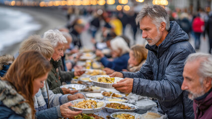 Community comes together to support the homeless with warm meals at a beachside promenade during sunset