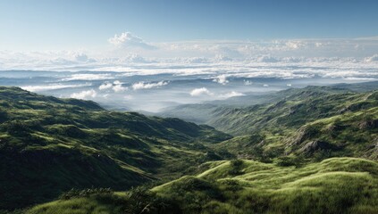 Naklejka premium Lush valley between rolling hills under a bright sky