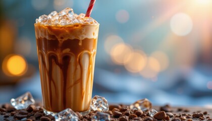 iced coffee, cold ice, fantasy style, radiant glow, subject at bottom, copy space at top, photo use, avoid trademarked terms, specific names, unnecessary words.