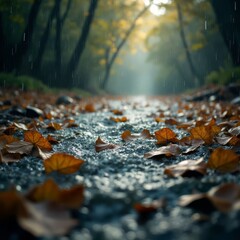 Autumn Leaves on Wet Pavement