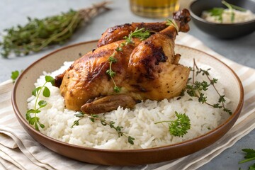 Delicious roasted chicken served with fluffy rice and fresh herbs