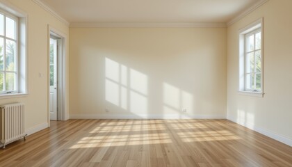 create a realistic depiction of a room undergoing remodeling, featuring light wood grain vinyl flooring and cream painted wall
