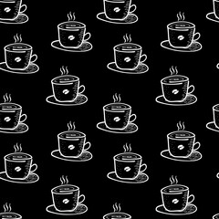 Coffee cups pattern background. Coffee cup doodle illustration for packaging, cafe menu. Seamless Pattern of coffee mug for coffee shop.