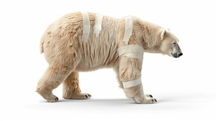 An injured polar bear stands on a white background bandaged on its body and legs