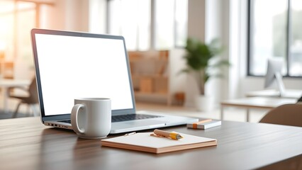 Modern office desk setup with laptop, coffee mug, and notebook for productivity.
