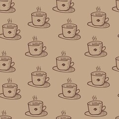 Coffee cups pattern background. Coffee cup doodle illustration for packaging, cafe menu. Seamless Pattern of coffee mug for coffee shop.