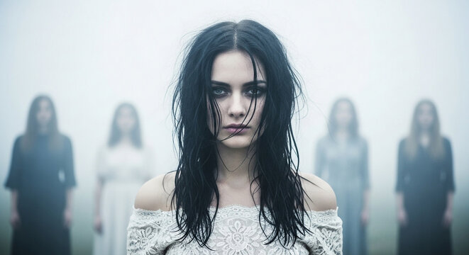 Dark ethereal beauty portrait in fog with ghostly figures horror gothic fashion photography style