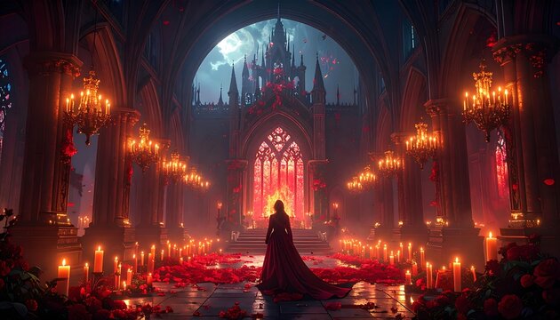 A majestic gothic cathedral, bathed in moonlight and crimson roses, with a lone figure walking towards a fiery altar