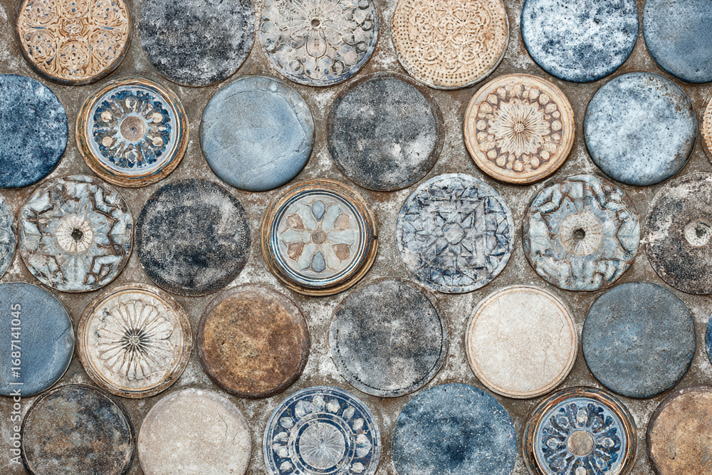 Poster ornate round tiles create a textured wall design featuring various patterns and colors