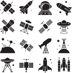 Space Exploration and SciFi Icons Set with Rockets and Astronauts vector illustration