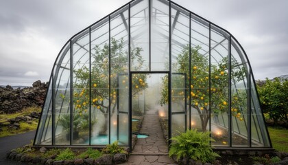 Fototapeta premium Medium shot of geothermal heated greenhouse with vibrant lemon trees thriving in warm natural steam environment for extended harvest season