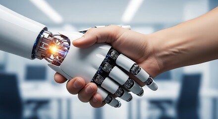 Human hand shaking robotic arm in modern office, symbolizing collaboration and future technology, showcasing innovation and progress.