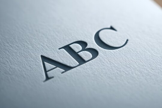 Embossed ABC text on textured light gray paper Letters cast a dark shadow