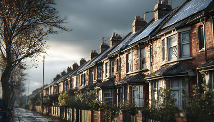 Fototapeta premium Traditional UK terraced houses feature solar panels n tiled roofs, reflecting enewable energy adoption i residential architecture.Urban housing integrates sstainable living, showing lean energy