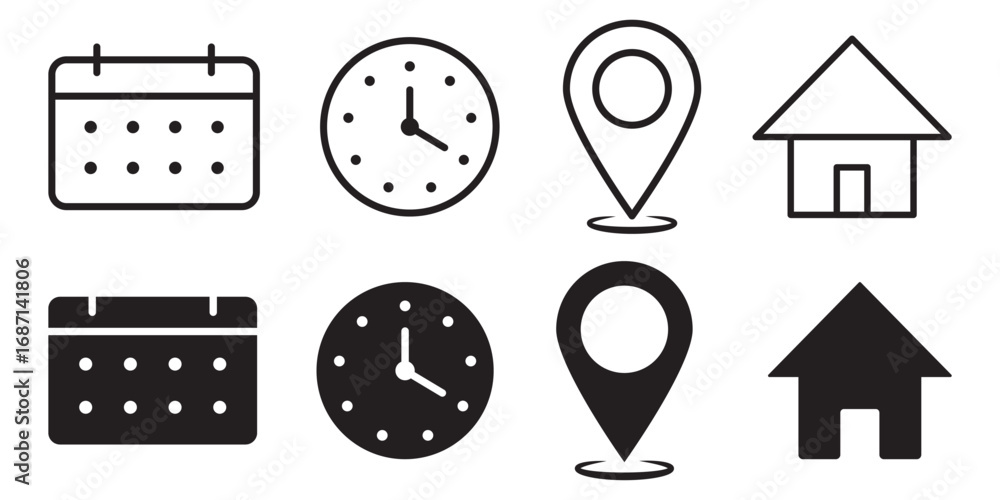 Poster date, time, location address icon. address location icon. stopwatch timer icon. date calendar icon -