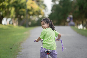 Fototapeta premium Joyful Child Riding Bicycle on Pathway Surrounded by Lush Greenery and Warm Sunshine, Capturing Pure Happiness in Outdoor Activity