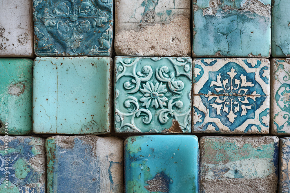 Poster teal and white patterned square tiles arranged in a mosaic a textured background