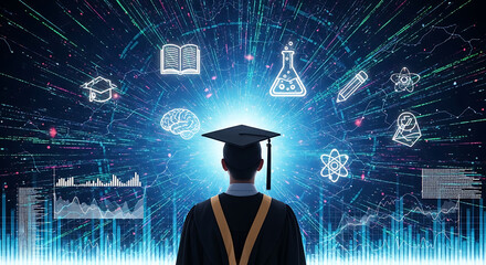 Graduate embraces future knowledge with glowing digital science icons and data streams