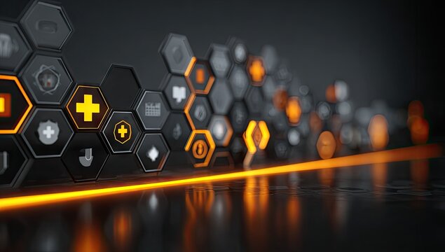 Abstract digital interface with glowing hexagonal elements