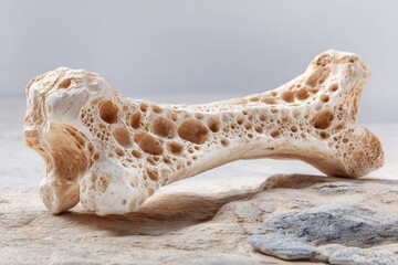Porous bone light tan color with visible cavities Sits atop graybrown stone surface against a soft gray background