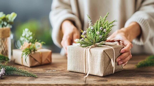 Christmas gift wrapping in rustic paper with natural greenery and twine on wooden table, festive holiday atmosphere, hands decorating present, cozy and creative winter celebration, joyful mood