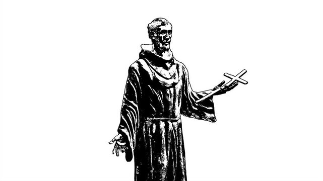 Long distant medium shot of saint sculpture holding cross isolated on blank background black and white stencil style graphic 2d seamless looped animated video