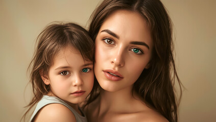 Mother holding her daughter in her arms. Both have heterochromia (two different eye colors), embracing the theme of diversity and inclusion. Showcases love, warmth, and uniqueness of each individual.