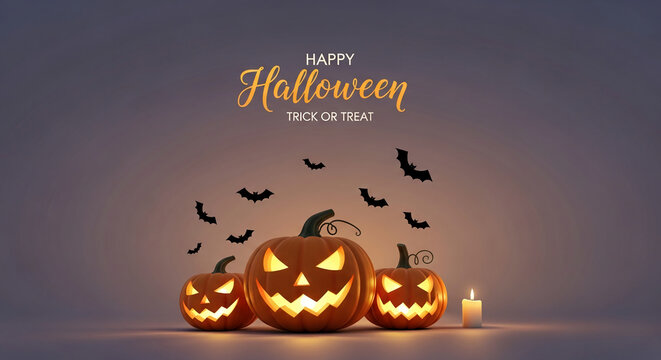 Three illuminated jack-o'-lanterns, bats, and candle on a dark background, creating a spooky Halloween scene ideal for greeting cards or website banners