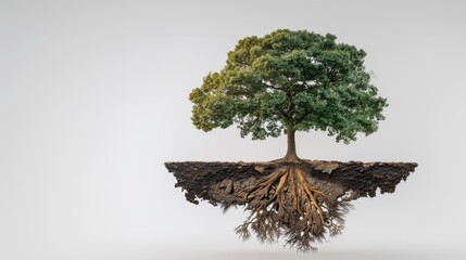 Tree with visible roots on floating ground isolated on white background  
