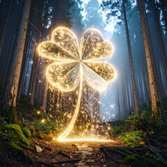 Golden four-leaf clover in mystical forest (1)