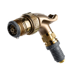 A close-up view captures a pristine golden sprinkler head with water droplets