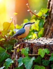 Nuthatch on a tree stump, vibrant colors
