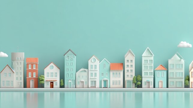 Toy townscape on reflective surface against pastel backdrop varied buildings clouds symmetrical arrangement