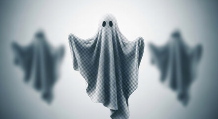 Grey ghost figure, translucent fabric texture, centered with blurred ghosts flanking, suggesting mystery and Halloween theme, ideal for spooky designs