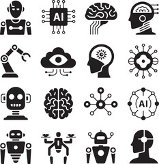 Artificial Intelligence Icons Robot AI Chip Brain Cloud vector illustration