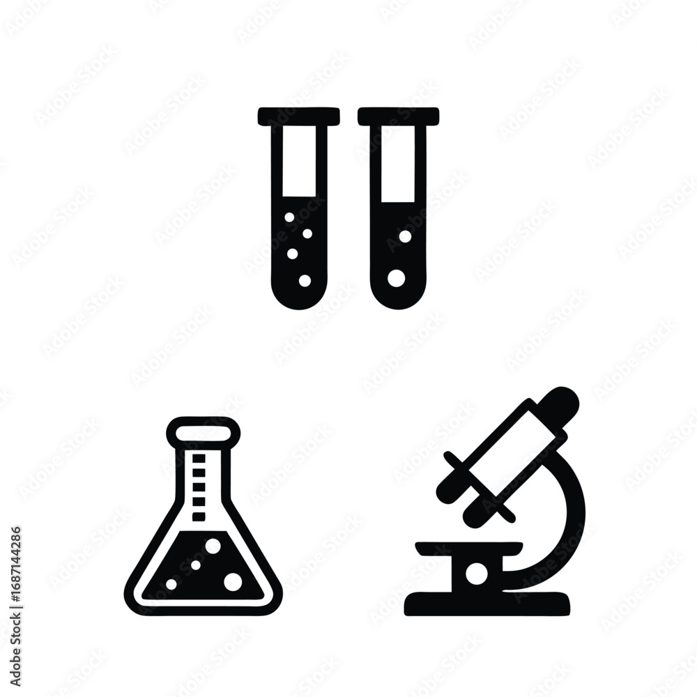 Aufkleber black icons of two test tubes a flask and a microscope on white science laboratory
