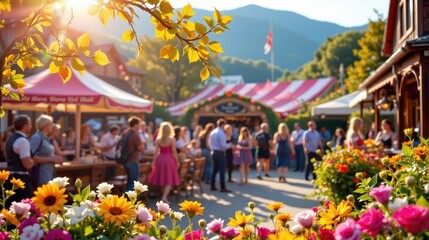 Outdoor Festival Scene with Vibrant Tents and Flowers