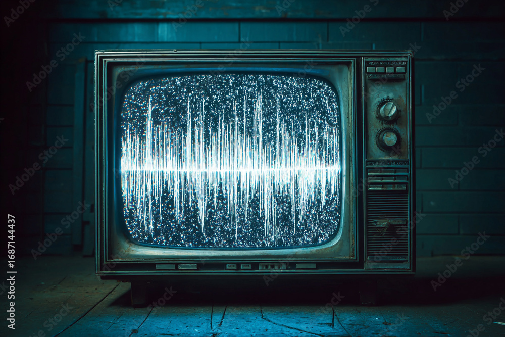 Poster old television set showing static and a waveform on a dark floor against a dark wall
