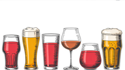 A hand-drawn illustration of six different drinking glasses arranged in a horizontal line against a white background.
