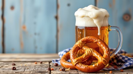 Rustic Beer with Pretzels Wooden Surface