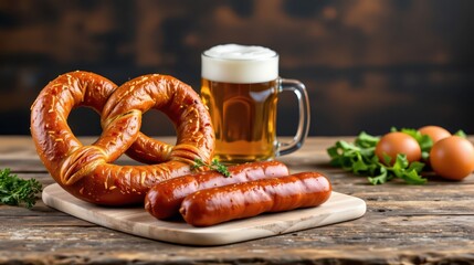 Rustic Table with Pretzel Sausages Beer and Fresh Herbs