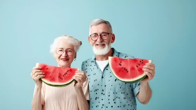 A portrait of two elderly individuals, each holding a slice of watermelon over their eyes. The man on the left is wearing a light blue shirt with a pattern of small black specks.