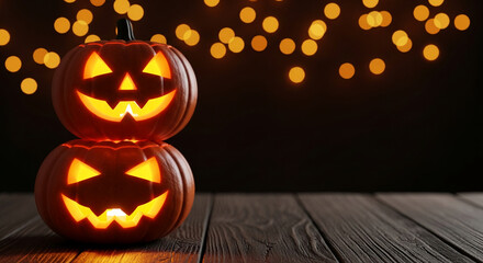 Two illuminated jack-o'-lanterns on dark wood, bokeh background, Halloween theme, showcasing free space for text or advertisement