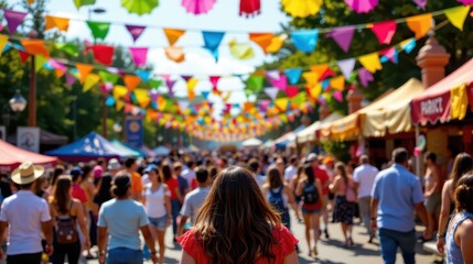 Festive Outdoor Market Festival with Crowds and Colorful Banners