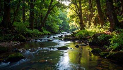 Sunlight streams through a lush forest, illuminating a tranquil creek