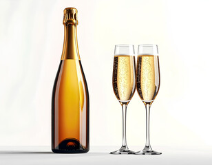 New Year champagne bottle with glasses, isolated PNG 