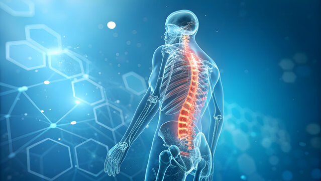 Illustration of a painful back, a skeleton with a highlighted spine, representing back pain, medical condition, and the importance of spinal health and care