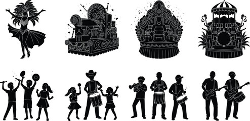 Carnival parade vector set, samba dancer, music band, festive float, street celebration, dancing people, cultural festival, marching musicians
