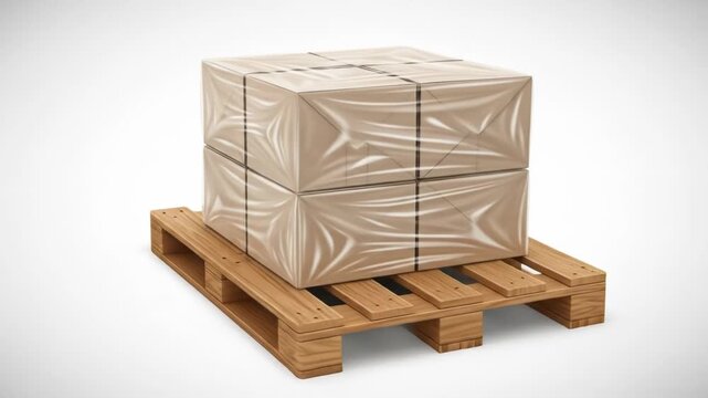 Stacked boxes on pallet, wrapped in film, on a white backdrop
