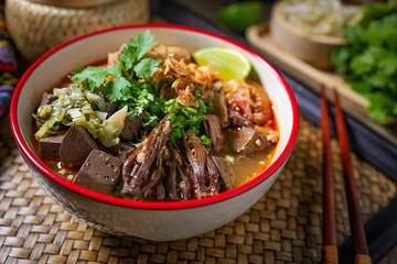 Rice Vermicelli with Northern Thai Curry Sauce, Thai called Khanom Jeen Nam Ngiao, Northern thai cuisine, lanna cuisine